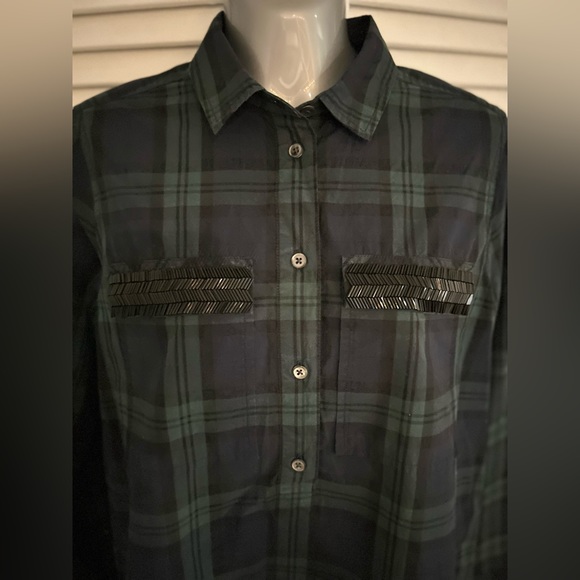 J Crew pullover long sleeve plaid beaded sequin pocket, half button down shirt - Picture 2 of 10